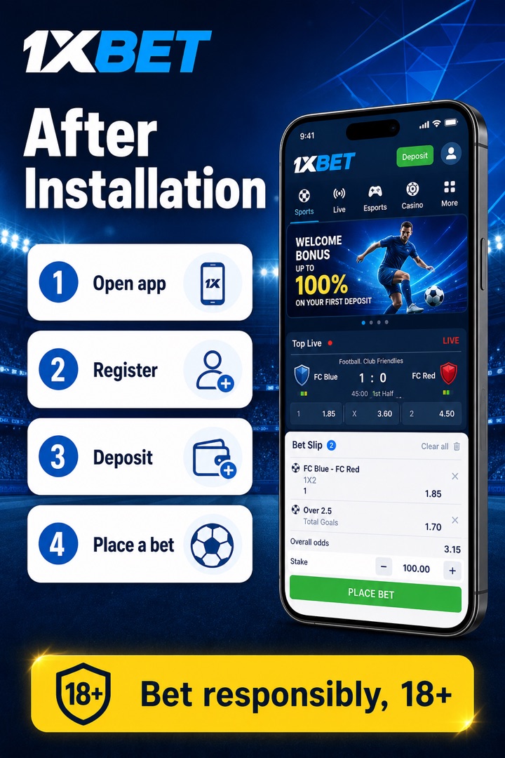 Layar selesai instalasi aplikasi 1xBet di Android