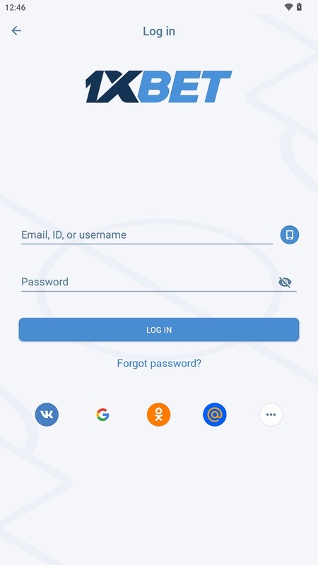 Layar masuk akun di aplikasi 1xBet untuk Android