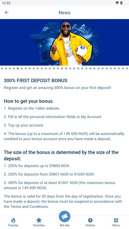 Halaman bonus setoran pertama di aplikasi 1xBet