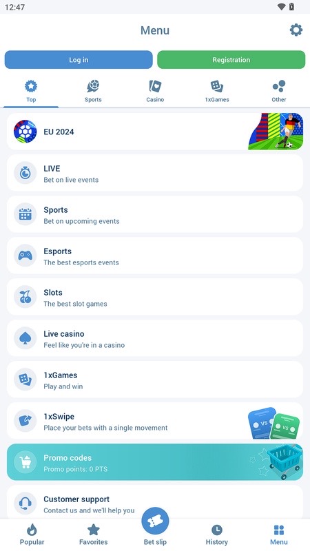 Menu utama aplikasi 1xBet